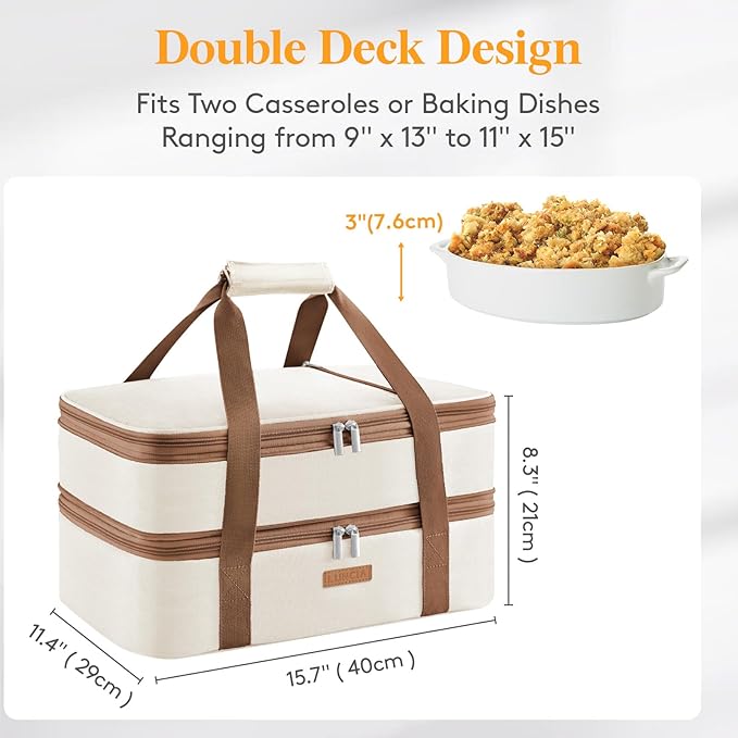 Lifewit LUNCIA Double Decker Insulated Casserole Carrier for Hot or Cold Food, Lasagna Lugger Tote for Potluck Parties/Picnic/Cookouts, Fits 9"×13" Baking Dish, Cream