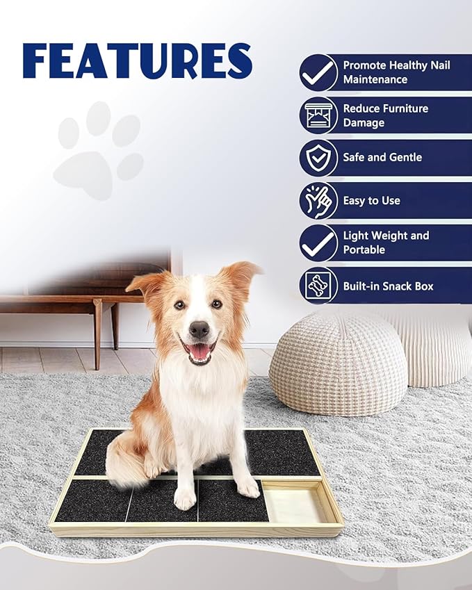 Dog Nail Scratch Pad with Treat Box & Pet Nail Clipper - Durable Portable Dog Scratch Filing Pad for Nails All Dogs, Wooden Nail Scratch Board for Indoor/Outdoor Training (Update)