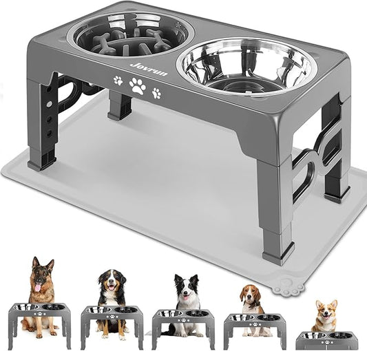 Jovrun Elevated Dog Bowls, Dog Feeder with Stainless Steel Dishes & Slow Feeder Bowl, 5 Heights Adjustable Raised Stand for Medium Large, Food Dishes with Non-Slip Feet