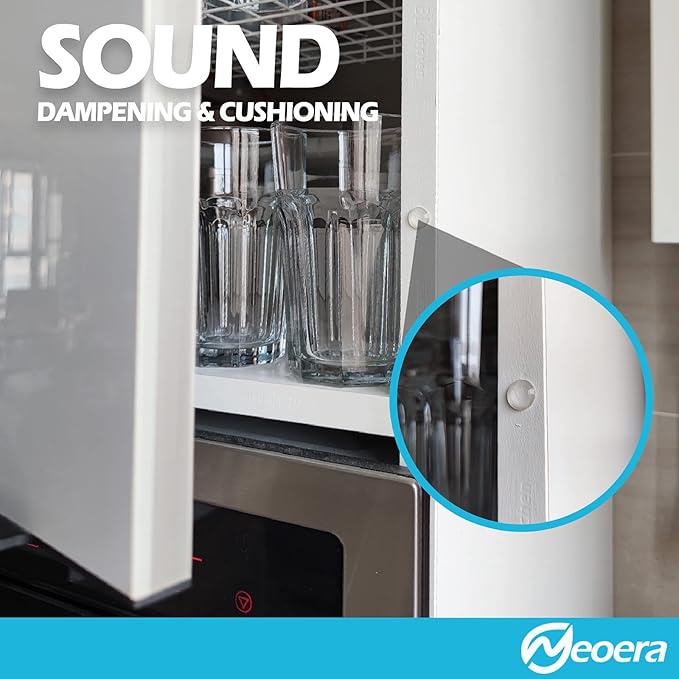Neoera Cabinet Door Bumpers Rubber feet (200pcs, 3/8” Dia, Clear Round semi-Spherical) Adhesive Sound Dampening Pads for Cabinet Doors, Drawers, Glass Tops, Furniture, Laptop