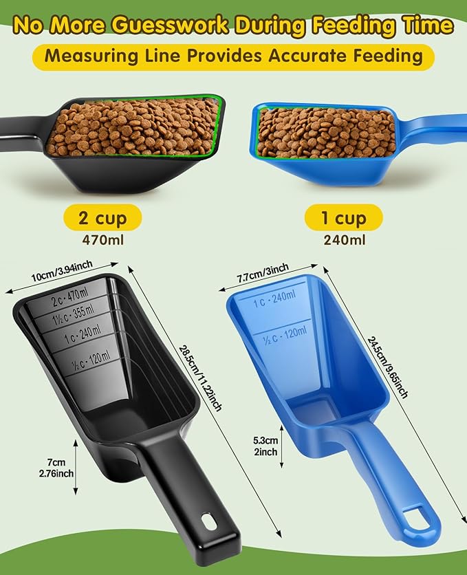 GNEOCO 2 Pack Dog Food Scoop with 1 Cup and 2 Cup Capacity, Plastic Pet Food Measuring Scoops with Clear Measurement Lines for Dogs, Cats & More,Dishwasher safe (Blue and Black)