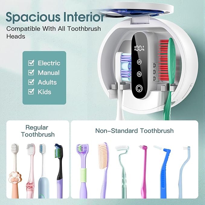 Toothbrush Holders for Bathroom, Wall-Mounted Toothbrush Holder, Smart Toothbrush Cleaner with LED Screen and Drying, Electric Tooth Brush Holder Fits Most Size Toothbrushes for Home & Travel