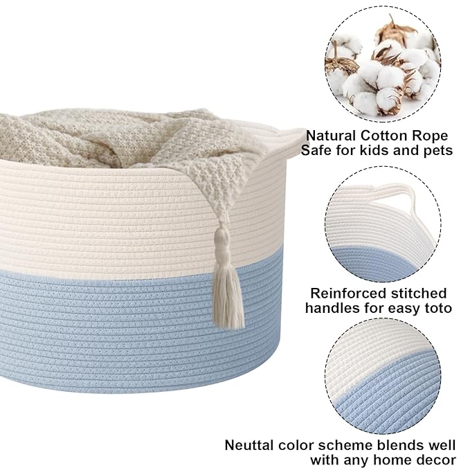 90L Large Blanket Basket,21.7"L x 21.7"W x 13.8"H Rope Woven Baskets with Handles, Toys Storage Bins,Laundry Basket Perfect for Living Room, Nursery,Bedroom,Home Organization,White&Blue
