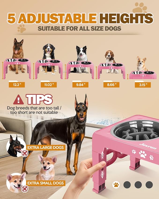 Jovrun Elevated Dog Bowls, Dog Feeder with Stainless Steel Dishes & Slow Feeder Bowl, 5 Heights Adjustable Raised Stand for Medium Large, Food Dishes with Non-Slip Feet