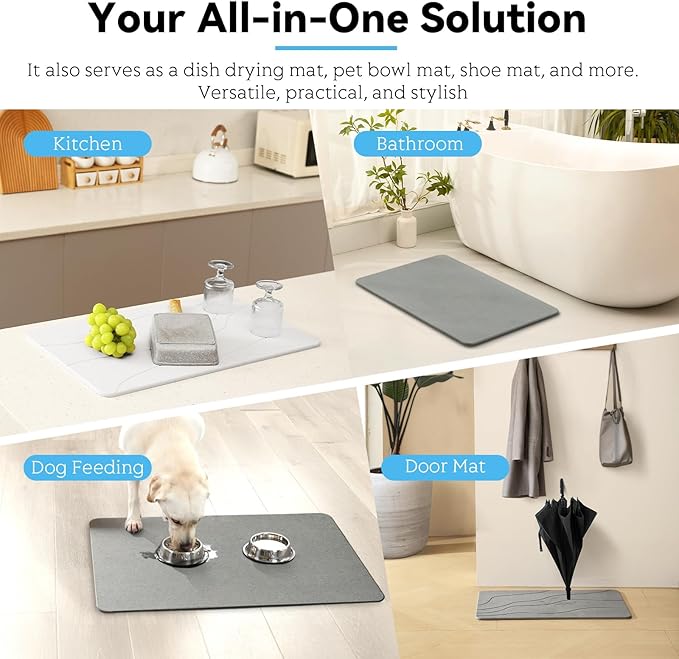 Stone Bath Mat, Dries Quickly, Non-Slip Diatomaceous Earth Bath Mats for Bathroom, Super Absorbent Stone Shower Mat, Easy to Clean, 23.5" x 15.5" Charcoal Gray
