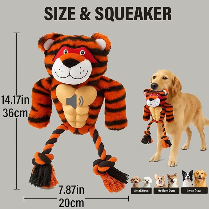Durable Rope & Plush Dog Toy for Aggressive Chewers – Muscle Tiger Squeaky Tug Toy for Medium & Large Dogs, Interactive Chew & Play