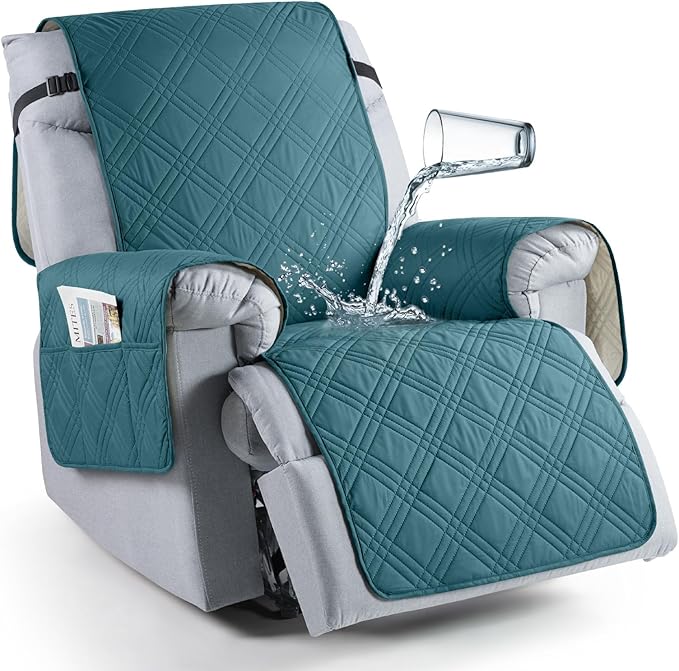 TAOCOCO 100% Waterproof Recliner Chair Cover Stay in Place, Recliner Covers for Small Recliner Chair with Pocket, Reclining Chair Cover Furniture Protector for Kids, Pets(20'', Peacock Blue)