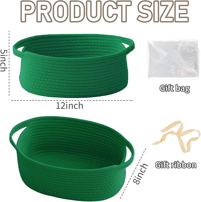 JMvicyroam Woven Basket,Small Rope Storage Bin with Handles & Ribbon Bag, Organizer for Shelves Closets,Gift Basket Empty for Birthday,Books,Dog Toys, Green