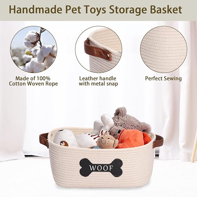 Cotton Rope Dog Toy Storage Basket Medium, Dog Toy bin with Handle,Dog Stuff Organizer - Perfect for organizing pet Toys, Blankets, leashes, Pee mats and Diapers,Nursery Decor Basket-Beige