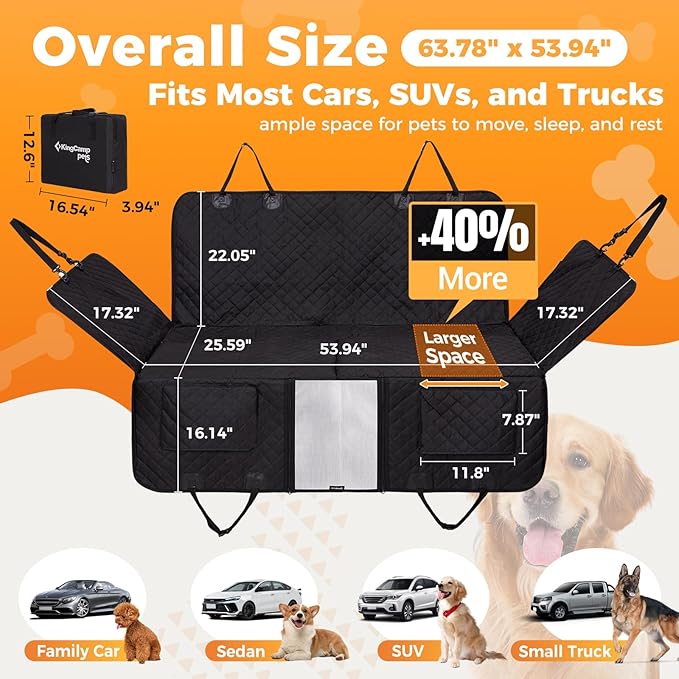 KingCamp Dog Car Seat Cover for Back Seat, Waterproof Scratch Proof Dog Hammock with Hard Bottom 600D Heavy Duty Nonslip Durable Seat Protector with Mesh Visual Window for Cars, SUVs & Trucks