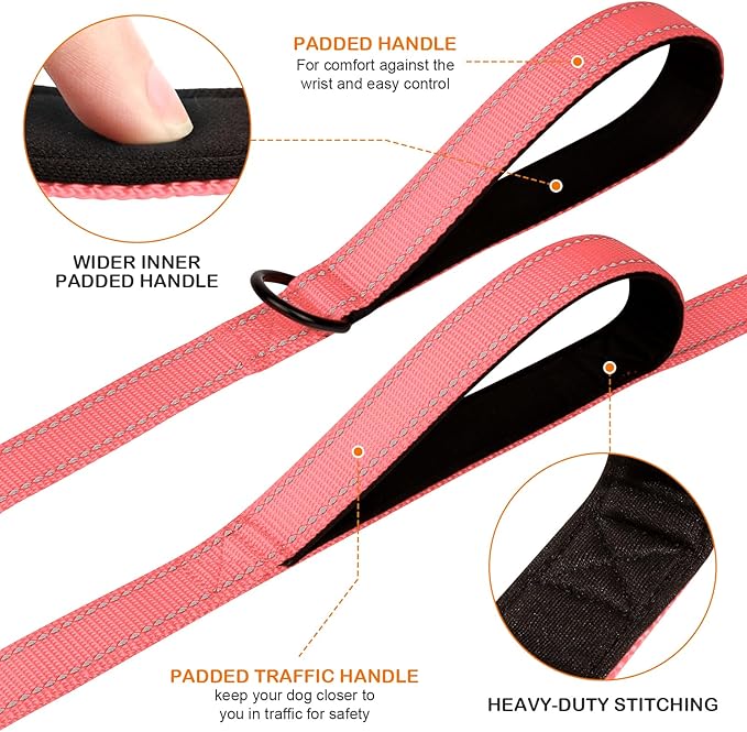 Joytale Dog Leash Heavy Duty for Large Dogs that Pull, Double Handle for Traffic Control, Double-Sided Reflective Leashes for Large Medium Dogs Night Safety, 5FT, Neon Pink