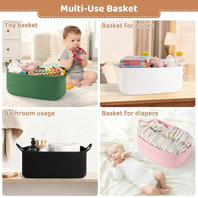 Large Empty Gift Baskets for Baby Shower, 16.5"L x 12.6"W x 7"H Cute Woven Storage Basket with Gift Bags and Ribbons, Small Rope Toy Basket with Handles, Cat Dog Pet Toy Organizer - Black