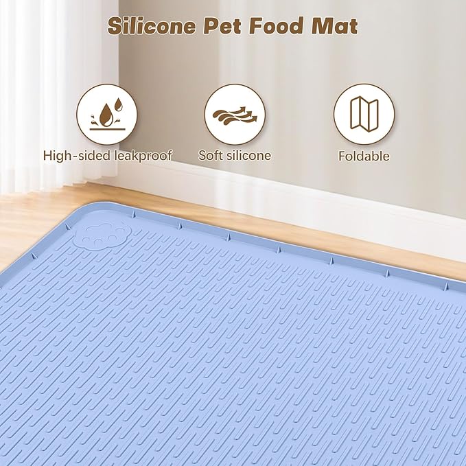 Bartuke Cat Food Mat, 34" x 22" Large Silicone Pet Feeding Mat for Food and Water Bowls Non-Slip, Easy to Clean (Blue)