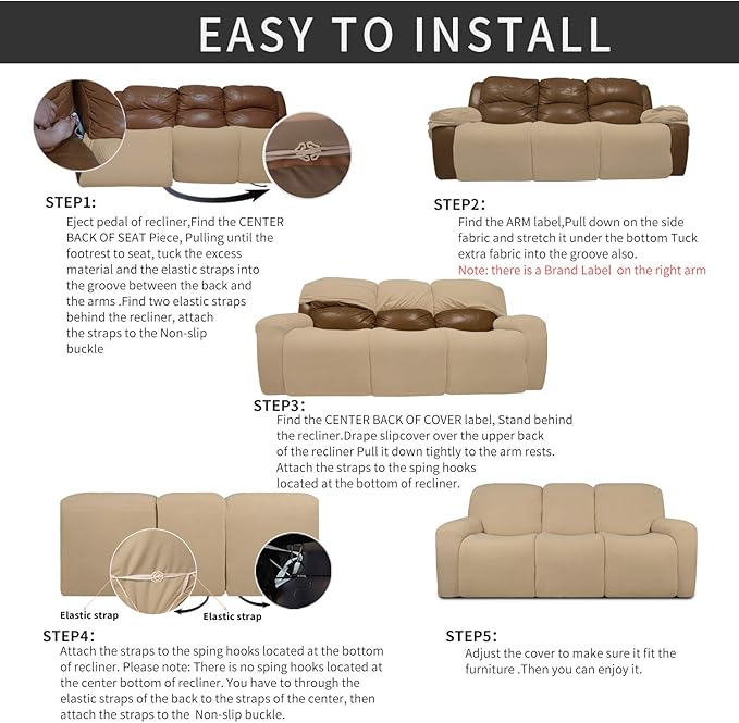 Easy-Going 8 Pieces Recliner Sofa Stretch Sofa Slipcover Sofa Cover Furniture Protector Couch Soft with Elastic Bottom Kids, Spandex Jacquard Fabric Small Checks Sand