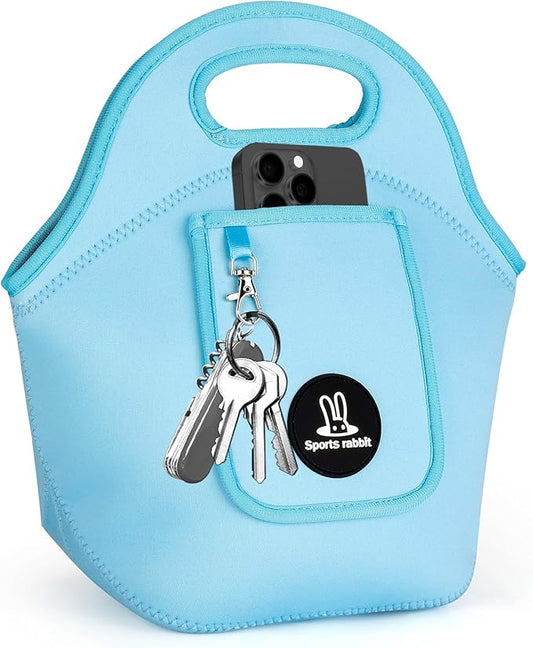 Sports rabbit Neoprene Insulated Lunch Bag for Women - Front Pocket for Phone&Keys - Reusable, Foldable, Lightweight, Waterproof, Easy to Store & Clean - Ideal for Work, Travel & Picnics (blue)