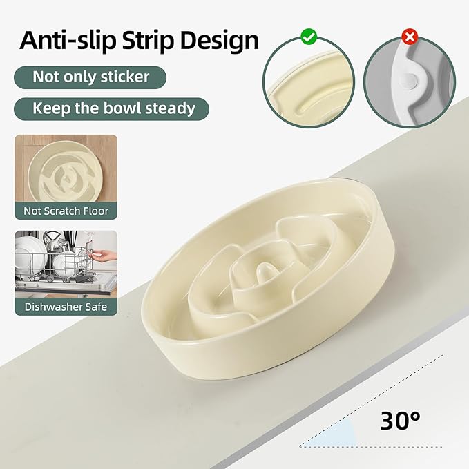 Ceramic 3.2 Cup Slow Feeder Dog Bowl for Large Dog, 9.5inch Puzzle Food Dish, Anti-Gulping, Stop Bloat, Preventing Choking (Single Bowl-Beige)