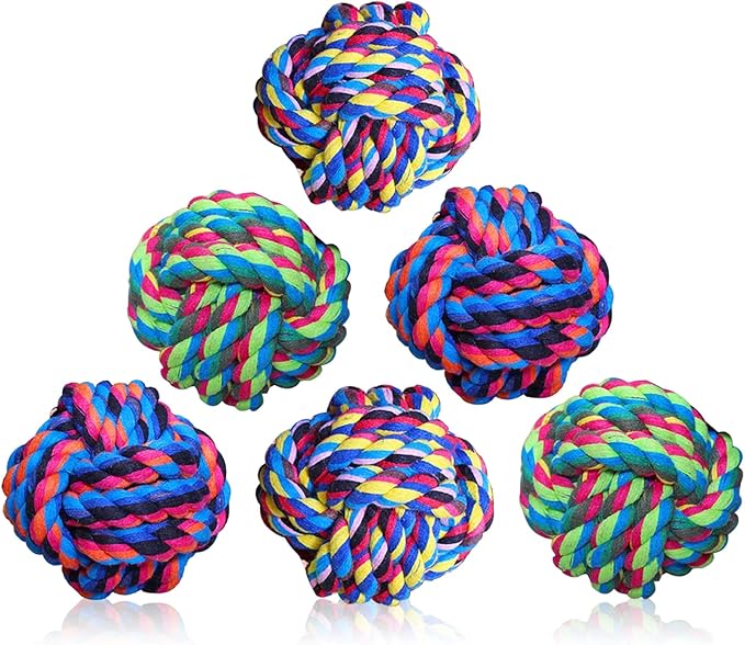 Wellbro Pet Chew Toy, Knots Weave Cotton Rope, Biting Small Ball for Dogs & Cats, 6 in One Pack