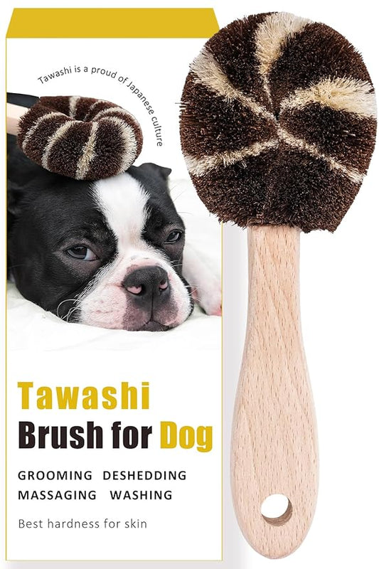 Dog Grooming Massage Tawashi Brush with Wood Handle Less Static Natural palm fiber Made in Japan (Small dog A)