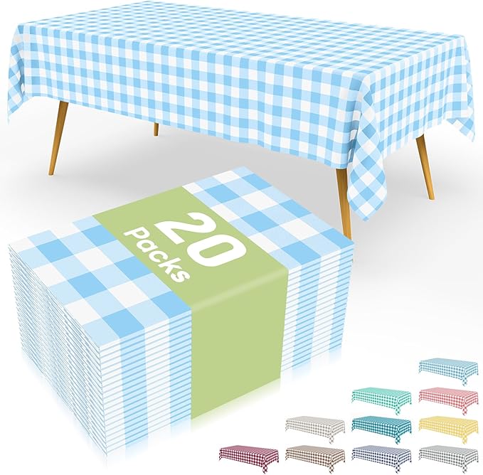 Smiry 20 Packs Gingham Disposable Table Cloth, 54 x 108 Inch Waterproof Plastic Tablecloth, Rectangle Baby Blue and White Checkered Table Covers for Picnic, Birthday, Party