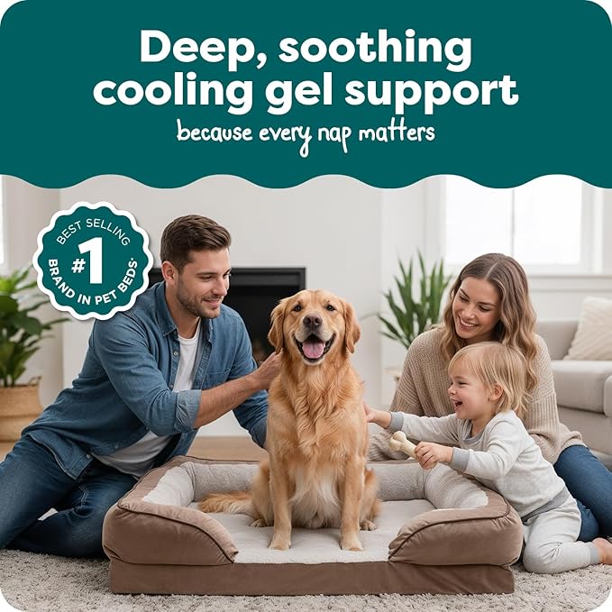 Furhaven Cooling Gel Dog Bed for Large Dogs w/ Removable Bolsters & Washable Cover, For Dogs Up to 95 lbs - Plush & Velvet Waves Perfect Comfort Sofa - Brownstone, Jumbo/XL