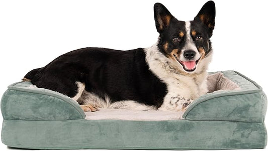 Furhaven Cooling Gel Dog Bed for Medium/Small Dogs w/ Removable Bolsters & Washable Cover, For Dogs Up to 35 lbs - Plush & Velvet Waves Perfect Comfort Sofa - Celadon Green, Medium