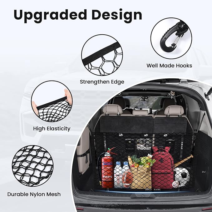 Trunk Cargo Net for Toyota Sienna 2021-2025 2026 Accessories Envelope Style Mesh Trunk Net Organizer and Storage Stretchable Adjustable Elastic Nylon Rear Cargo Netting with Hooks