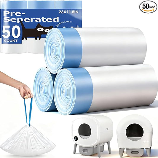 50 Count Automatic Cat Litter Box Bags Compatible with Cmg Fmo Fstg Robot Litter box, Pre-Seperated Thick Self-Cleaning Cat Litter Box Replacement Liners with Drawstring Heavy Duty-26"x11.8"