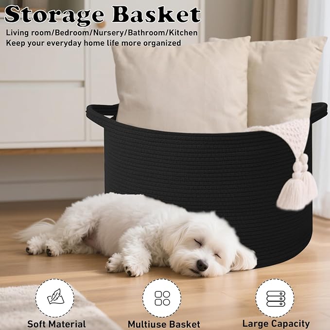 65L Extra Large Woven Cotton Rope Blanket Basket with Handles, Laundry Hamper Storage Bin for Pillows, Comforters,Clothes, Toys, Nursery, Bedroom and Living Room Organization,Black