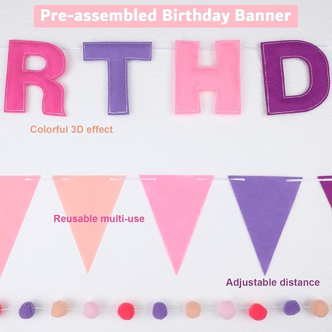 4 Strings Happy Birthday Felt Banner Decoration Pink Birthday Sign Garland Reusable Bunting Banner Pom Pom Hanging Garland Backdrop Wall Decor for Girls Boys Bday Party Supplies Decor