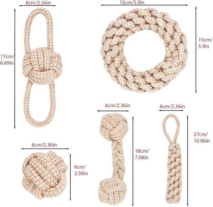 Rope Toys for Small and Medium Dogs, Chew Toys for Aggressive Chewers, Handwoven Cotton & Hemp Chew Toys with Knot and Ball, Interactive Toys for Tug of War, Training, Gum Massaging (5Pcs, Hemp Toys)