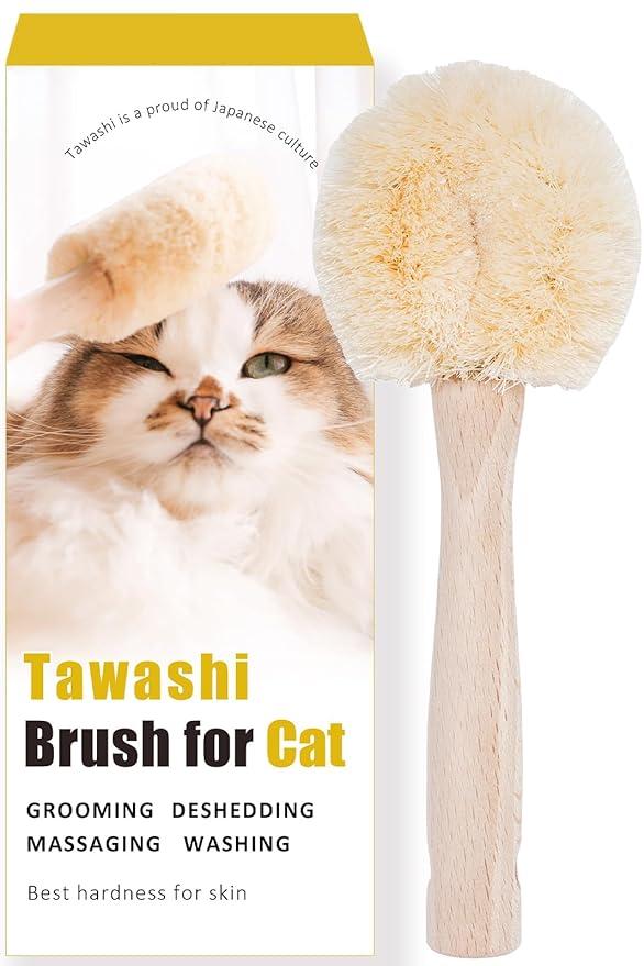 Cat Grooming Massage Tawashi Brush with Wood Handle Less Static Natural Sisal Fiber Made in Japan (Type-A)