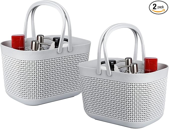 UUJOLY Portable Shower Caddy Basket Tote, Plastic Storage Basket with Handles Organizer Bins for Kitchen Bathroom College Dorm, Grey 2 Pack