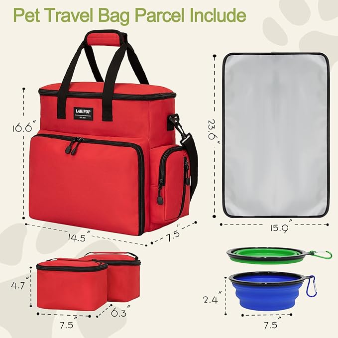 LARIPOP Dog Travel Bag, Pet Travel Bag (All Pet Travel Supplies), Include 2 Collapsible Bowls, 2 Dog Food Storage Containers and 1 Feeding Mat, Essential Kits for Pet Travel Red