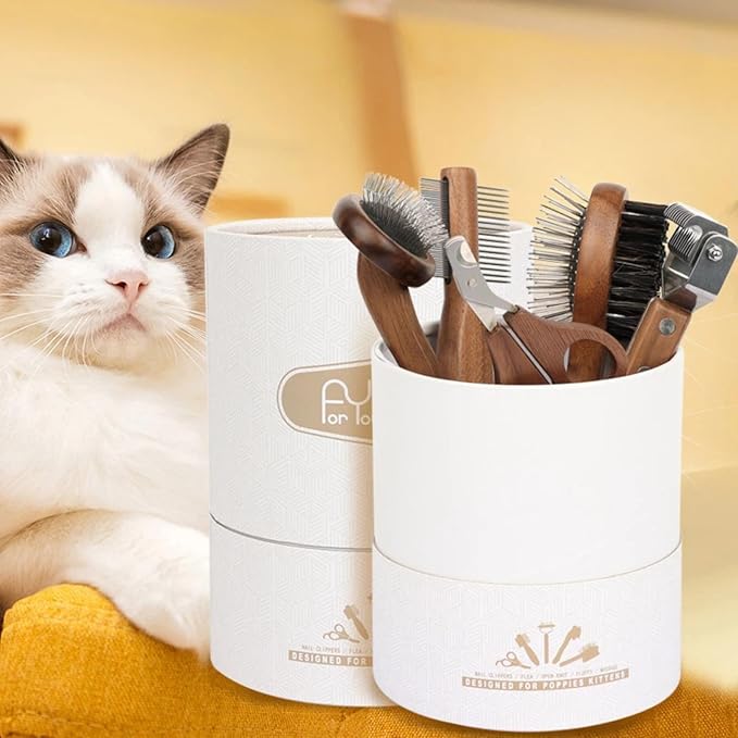 5-Piece Wooden Pet Grooming Kit for Cats & Dogs | Deshedding Brush, Dematting Comb, Massage Comb, Double-Sided Comb & Nail Clipper | Complete Detangling and Shedding Solution