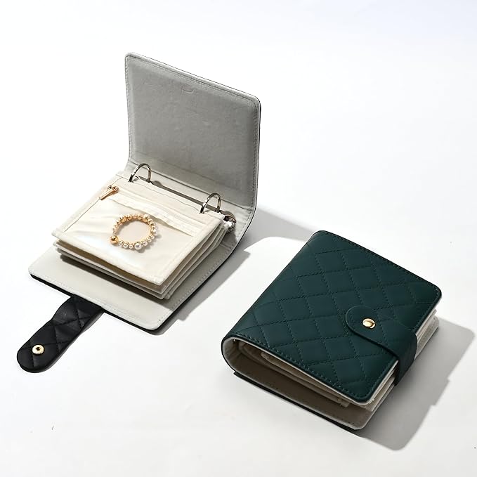 Oirlv Mini Travel Jewelry Organizer Case Portable Jewelry Book with Velvet Pouches for Jewelry Travel Essentials(Blue-Green)