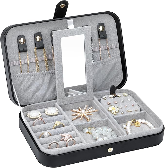 2-Layer Travel Jewelry Box for Women, Portable Jewelry Organizer with Mirror & Removable Dividers, PU Leather Jewelry Case Gift for Wife, Mom, Girlfriend (Black Grey)