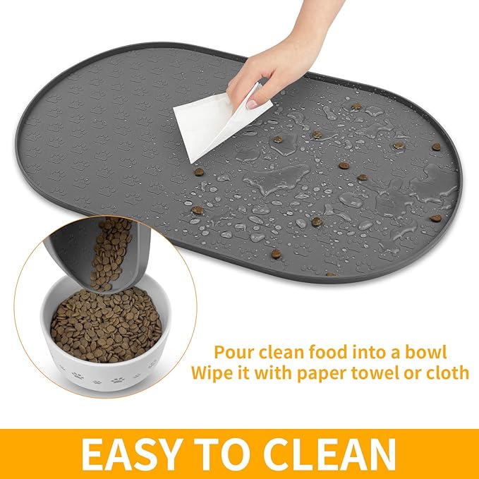 KPWACD Pet Feeding Mat for Dogs and Cats, Silicone Dog Placemat Non-Slip Waterproof Bowl Mats Prevent Food and Water Overflow, High-Lips Puppy Dish Tray Mat Suitable for Large Medium Small Pets, Grey