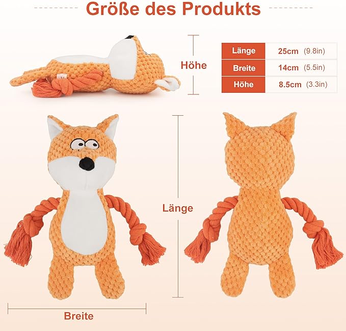 TONYFY Dog Toys, Dog Squeaker Toys with Crinkle Paper, Stuffed Animal Dog Plush Chewing Toy, Cotton Rope Interactive Toys for Puppy, Small, Middle Dogs (Orange Fox)