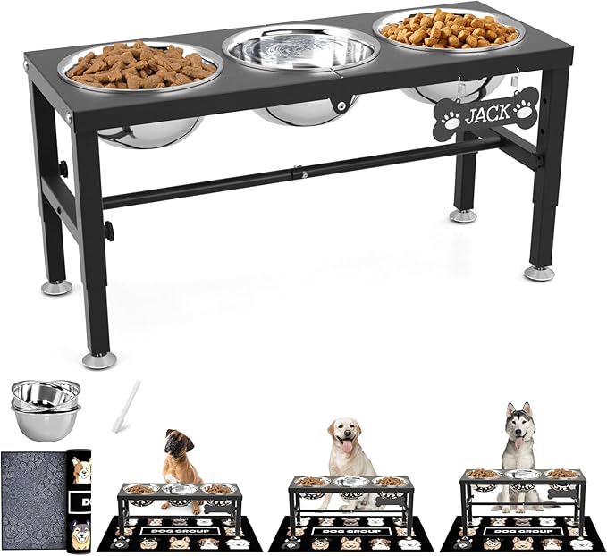 SHAINFUN Metal Elevated Dog Bowls Stand for Large Dogs with Mat & Three 58oz Food Water Bowls, Adjustable Height Raised Dog Bowl Stand