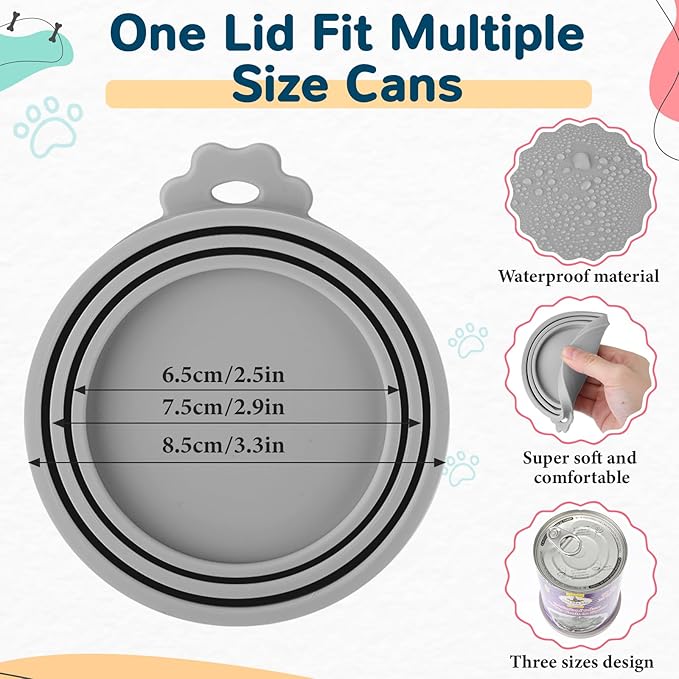 Uiifan Cat Food Lid Cat Food Can Covers Lids 8 Pcs Pet Can Supplies Set 5 Silicone Wet Kitten Foodstuff Tin Covers Lids 2 Silicone Dog Spoons 1 Paw Shape Multifunctional Opener for Pets(Gray)