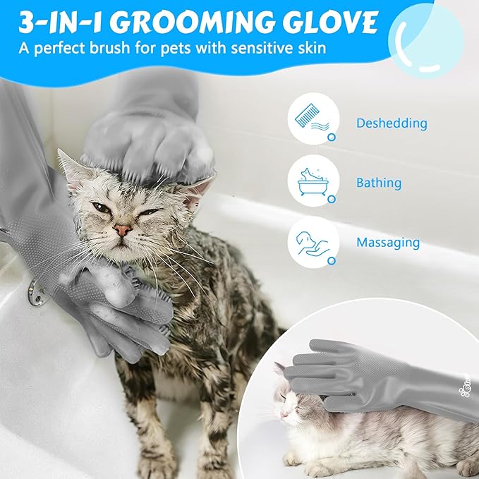 Pecute Pet Grooming Gloves: Heat-Resistant Silicone Gloves with High-Density Teeth for Enhanced Massaging and Bathing of Dogs and Cats