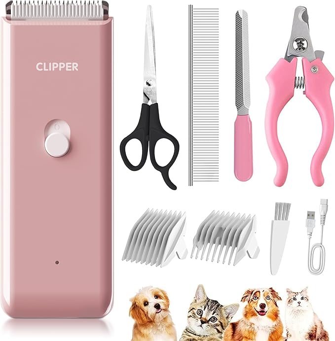 Founouly Pink Dog Cat Clippers, Home Professional Cordless Cat Grooming Tools for Dog Thick Coat Clippers, Low Noise Pet Hair Trimmer Kits with 9-Pieces