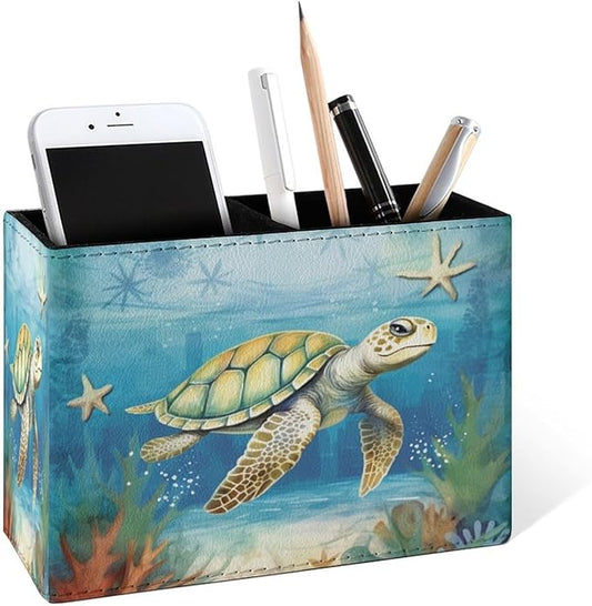 Famame Vintage Ocean Sea Turtle Starfish Pencil Holder for Desk, Leather Desktop Container Pen Cup Storage Study Table Pen Organizer Makeup Brush Holder for Classroom Office Home