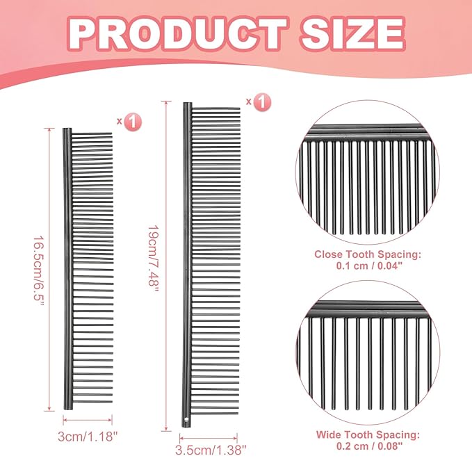 PETAXCELL Dog Cat Comb, Pet Combs Stainless Steel Teeth with Rounded Ends for Knots Mats Loose Hair Removal, 6.5/7.5IN (Black Plated, 2 Pack), Grooming Tool Intended for Long Curly Hair Pet