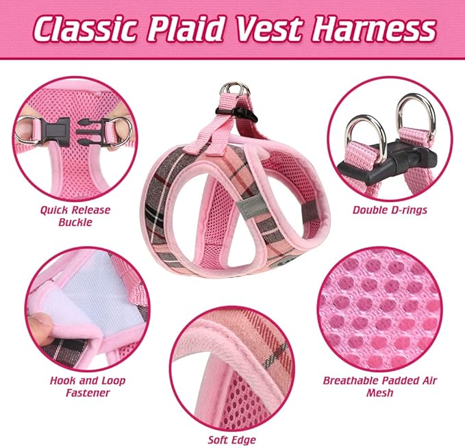 EXPAWLORER Classic Plaid Puppy Harness - Small Dog Harness and Leash Set - Dog Collar and Leash Set with AirTag Holder, Soft Padded Step in Dog Vest Harness No Pull Reflective for Outdoor, Pink XS