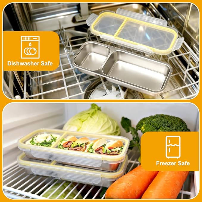 Stainless Steel Snack Containers with Lids, 2 Compartment Snackle Box Airtight Leakproof, Reusable Bento Box Food Storage Containers for Lunch Travel Picnics Office