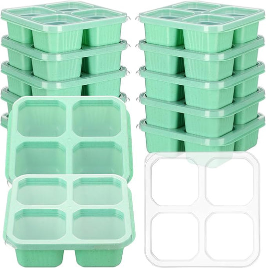 12 Pcs 4 Divided Compartments Snack Containers Bento Wheat Straw Snack Box with Lid Reusable Meal Prep Lunch Box Food Storage Containers for Adults Christmas Travel Work Gifts(Green)