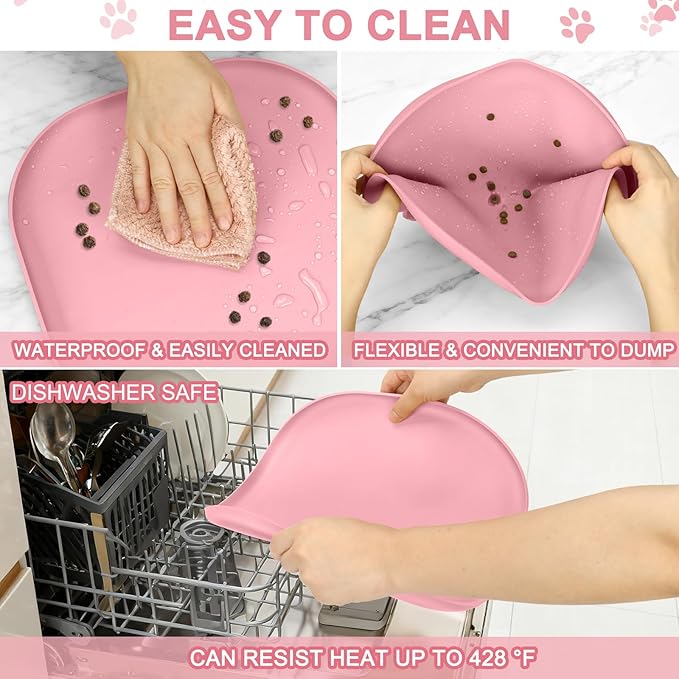 SMILOOL Silicone Pet Feeding Mat with Raised Edge for Food and Water, Dog Bowl Mats, Cat Bowls Placemat with High Lip for Floor Waterproof, Rubber Tray for Cats and Dogs 12 x 12 x 0.7 Sakura Pink