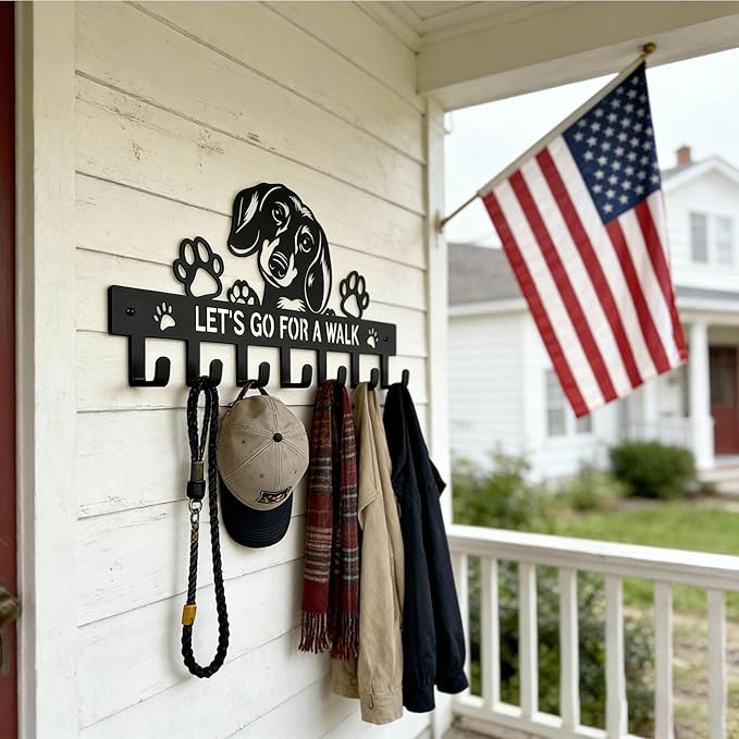 Dachshund Key & Dog Leash Holder for Wall, 7-Hook Wall Dog Storage Organizer for Entryway, Hallway, Front Door, Kitchen, Small Black Key Rack, Wall-Mounted Key Hanger, Dachshund Gifts & Decor
