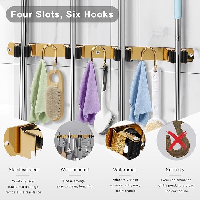 Mop Broom Holder Wall Mount, Gold Stainless Steel Tool Storage Organizer for Kitchen Garden Garage Laundry Room Bathroom and RV with 4 Slots 6 Hooks